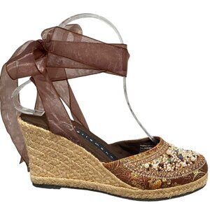 Elle Menno PAIGE Beaded and Sequins Ankle Strap Espadrille Wedges Size 5 1/2